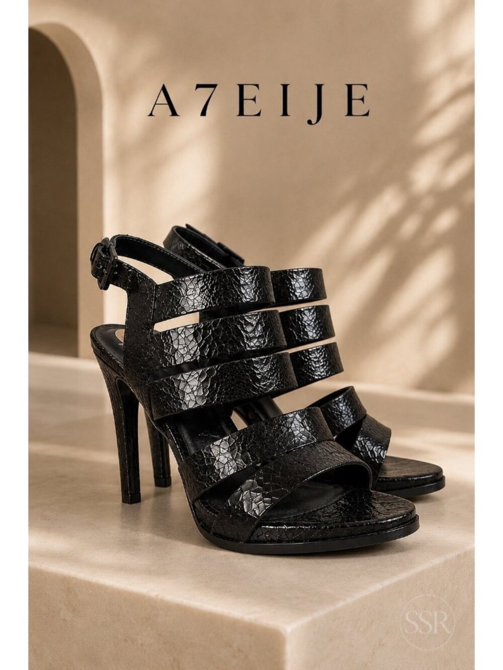 A7EIJE Soire Black Cracked Foil Leather Strappy High Heel Sandals Shoes 9.5
